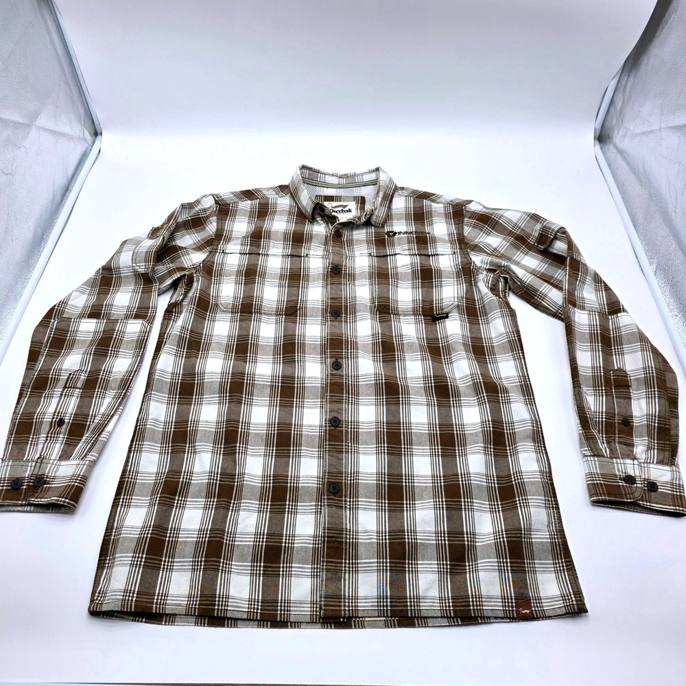 Duxbak Mens Large Brown White Plaid Long Sleeve Button‎ Down Outdoor Shirt L